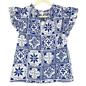 Sugarlips Arbor Floral Risette Ruffle Split Neck Top Blue White Size Medium NWT